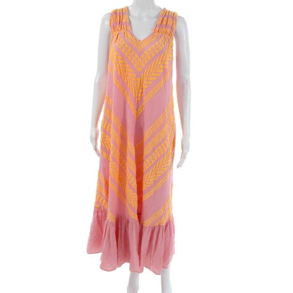 Devotion Women Maxi Dress Pink V-Neck Cotton Geometric Sleeveless Size S
